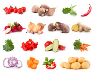 Vegetables collection isolated over white background. Set of different fresh raw veggies. Food ingredient. Healthy food concept. .
