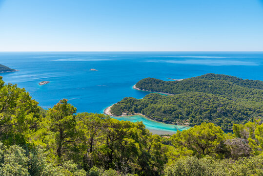 Aerial view of a bay at Soline village in Mljet national park in Croatia