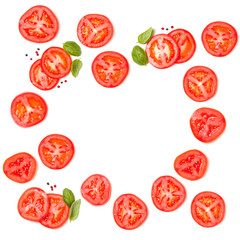 Creative layout made of tomato slices and basil leaves. Flat lay, top view. Food concept. Vegetables isolated on white background. Food ingredients pattern with copy space.