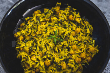 healthy plant-based food, vegan spinach chickpea coconut curry with turmeric rice