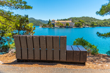 Small island with benedictine monastery of Saint Mary at Mljet national park in Croatia