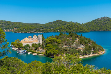 Small island with benedictine monastery of Saint Mary at Mljet national park in Croatia