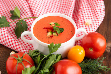 Traditional tomato soup made from fresh tomatoes with the addition of herbs and croutons.