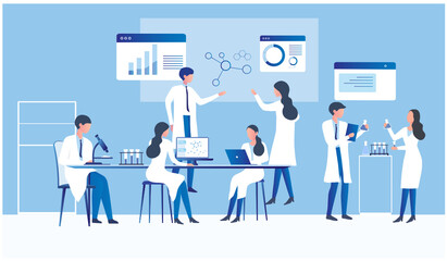 Professional scientists, doctors and chemical researchers working and analysis in laboratory experiment vector  Illustration. Medical laboratory, research experiment biology molecular concept.
