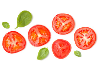 Creative layout made of tomato slices and lettuce salad leaves. Flat lay, top view. Food concept. Vegetables isolated on white background. Food ingredients pattern.