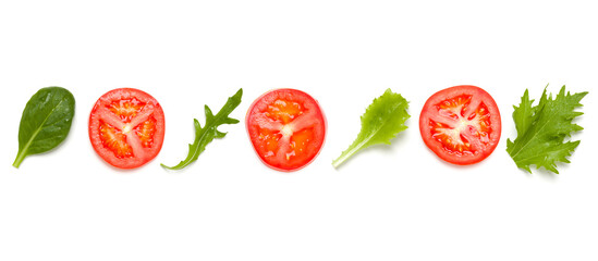 Creative layout made of tomato slices and lettuce salad leaves. Flat lay, top view. Food concept. Vegetables isolated on white background. Food ingredients seamless pattern.