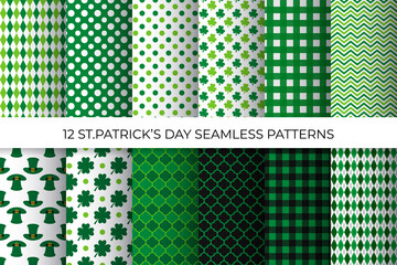 St. Patricks day seamless patterns set. Vector backgrounds. Saint Patricks day backdrop. Vector template for fabric, textile, wallpaper, wrapping paper, etc