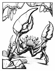 A huge spiked crab raised its claws to attack. Black and white linear drawing.