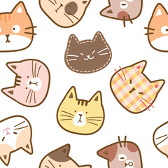 Seamless Pattern with Cute Cartoon Cat Face Illustration Design on White Background