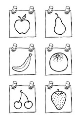 Hand drawn black and white set of fruit illustrations in adhesive note papers. All elements are layered separately. Editable for changing colors. Vector EPS. 