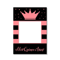 Quinceannera photo booth frame on a transparent background. 15th Birthday party photobooth props. Black and pink party decorations. Vector template