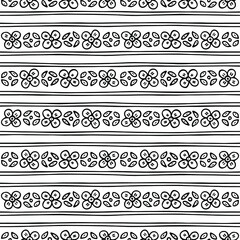 Seamless pattern with hand drawn flowers and leaves, lined in horizontal stripes. Monochrome vector background design for wallpaper, textile, wrapping, banner, poster, cover