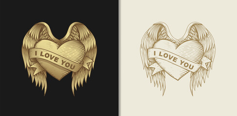 Love heart with wings and ribbons, hand drawn illustration with esoteric, boho, spiritual, geometric, magic themes, for valentine's day or lovers in love