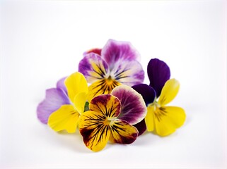 Colorful pansy flowers viola tricolor , wild pansy , pansies isolated on white background ,yellow and purple flowers ,purple and red flora	