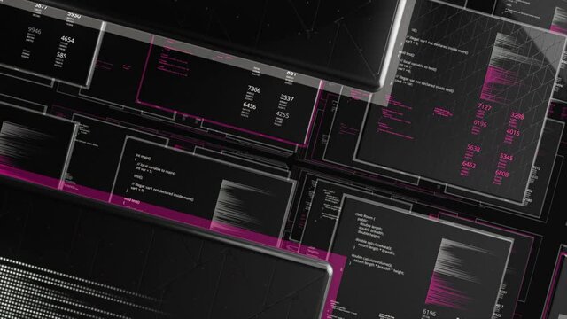 Abstract screens of programming code on black background. Animation. Programming language and system engineering concept.