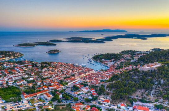 Sunset view of Hvar and Paklinski islands in Croatia