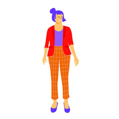 Adult woman wearing red suit combined with plaid pants. Flat vector design character illustration with white background