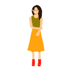 Young woman stands in a shy pose wearing sleeveless shirt with beautiful long hair. Flat vector design character illustration with white background.