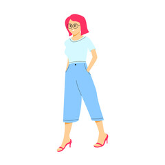 Young woman stands with both hands in the pocket with a stylish glasses and beautiful short red hair. Flat vector design character illustration with white background.