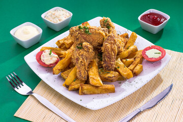 Plato de comida hecho de chicharrón de pollo, frito, broaster con papas fritas en plato blanco para restaurante en fondo verde