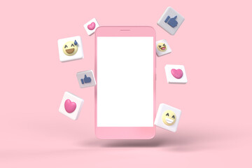 Mock up smartphone white screen with social media laugh, smile, like and love heart icon. 3D illustration cartoon model concept online communication with copy space on pink pastel isolate background