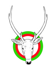 Hand drawn illustration of a deer head in a red and green circles. Editable for changing color. Deer head and circles are layered separately. Vector EPS. 