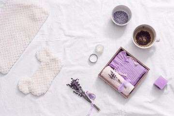 Wellness gift box with healthy herbal lavender tea, scent of lavender improves sleep and alleviates insomnia.