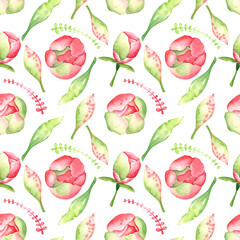 Seamless watercolor pattern with herbs and peonies. Pink green shades. Design for wrapping paper, backgrounds, wallpapers and more. International Women's Day.

