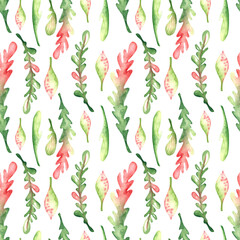 Seamless watercolor pattern with herbs. Pink green shades. The vertical arrangement of the leaves. Design for wrapping paper, backgrounds, wallpapers and more. International Women's Day.