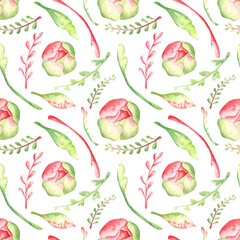 Seamless watercolor pattern with herbs and peonies. Pink green shades. Design for wrapping paper, backgrounds, wallpapers and more. International Women's Day.