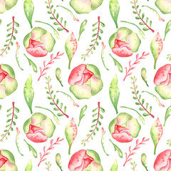 Seamless watercolor pattern with herbs and peonies. Pink green shades. Design for wrapping paper, backgrounds, wallpapers and more. International Women's Day.