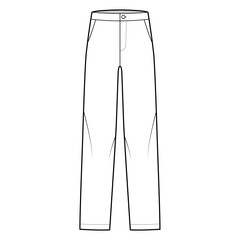Pants straight silhouette technical fashion illustration with flat front, low waist, rise, full length, slant, flap pockets. Flat trousers apparel template, white, color. Women, men, unisex CAD mockup