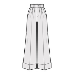 Pants oxford tailored technical fashion illustration with normal waist, high rise, full length, double pleat, slant jetted pockets. Flat template front, grey color. Women men unisex CAD mockup