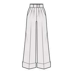 Pants oxford tailored technical fashion illustration with normal waist, high rise, full length, double pleat, slant jetted pockets. Flat template front, grey color. Women men unisex CAD mockup
