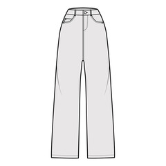 Baggy Jeans Denim pants technical fashion illustration with full length, normal waist, high rise, 5 pockets, Rivets, belt loops. Flat bottom template front, grey color style. Women, unisex CAD mockup