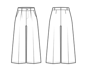 Pants capri technical fashion illustration with low waist, rise, single pleat, mid-calf length, wide legs, seam pockets. Flat trousers apparel template back, white color. Women, men, unisex CAD mockup