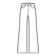 Set of Jeans wide leg Denim pants technical fashion illustration with full length, low waist, rise, 5 pockets, belt loops. Flat bottom template front, white color style. Women, men, unisex CAD mockup