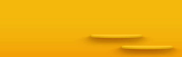 Obraz na płótnie Canvas Yellow platform on yellow wall background. Pedestal scene with for product, advertising, show. Semicircular geometric base for your graphic. Shelf stand. Copy space. Horizontal. Vector illustration.