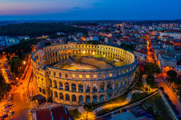 Sunset aerial view of Roman amphitheatre in Pula, Croatia