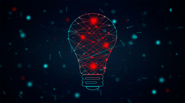 Network light bulb concept made by lightbulb outline, red dots and lines connected in wide space background or global system. blurred dot and point, space particle and star blur. creative concept