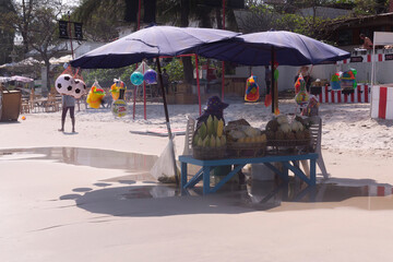 Corn, mango, pineapple displayed in basketry to serve tourists at Hua Hin Beach, Thailand - December 31,2017;