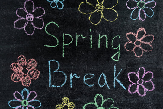 Spring break with flowers written in colorful chalk on black chalkboard
