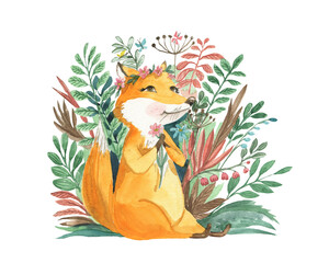 illustration of a fox in the leaves dreamily thinking
