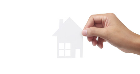 Fototapeta na wymiar Hands holding paper house, family home protecting insurance concept