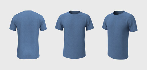 men's short-sleeve raglan t-shirt mockup in front, side and back views, design presentation for print, 3d illustration, 3d rendering