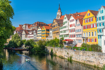 Colorful facades of houses alongside river Neckar in Tubingen, Germany