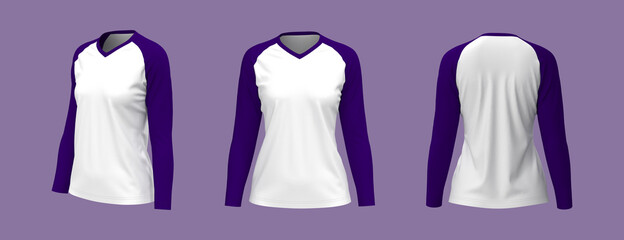 Women's v-neck t-shirt mockup, front, side and back views, design presentation for print, 3d illustration, 3d rendering