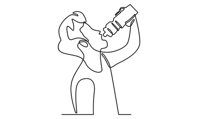 Continue line of man is drinking water from a bottle