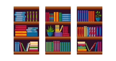 Bookcases for home library. Bestseller bookshop in cartoon style. Vector illustration isolated on white background