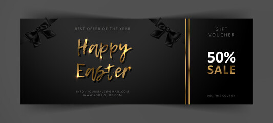 Easter gift voucher. Commercial discount coupon. Black background with gold lettering.